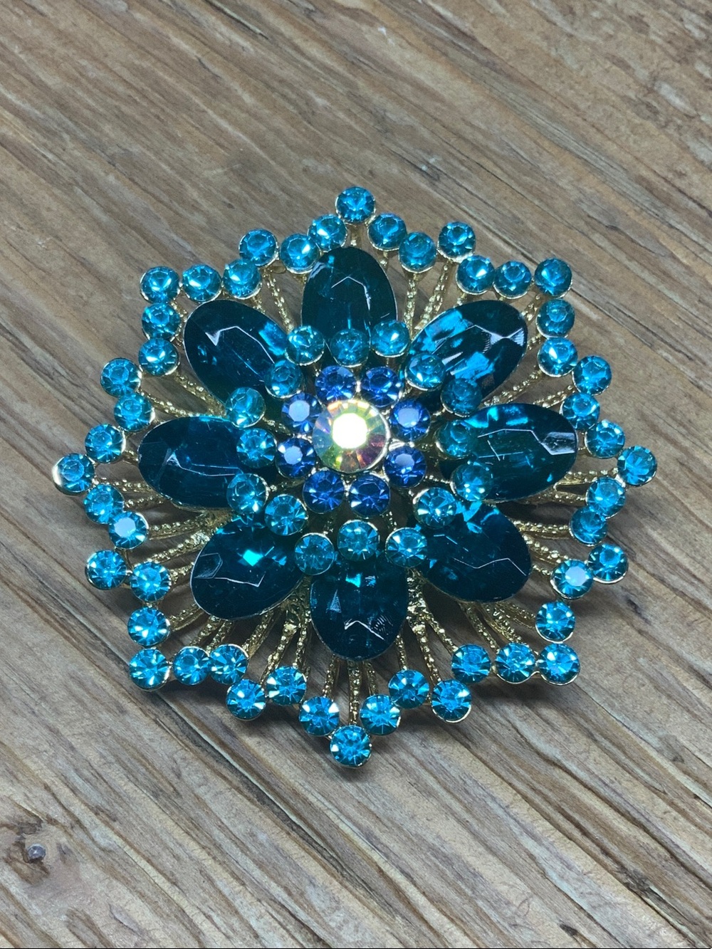 Teal Crystal Floral Burst Brooch Pin